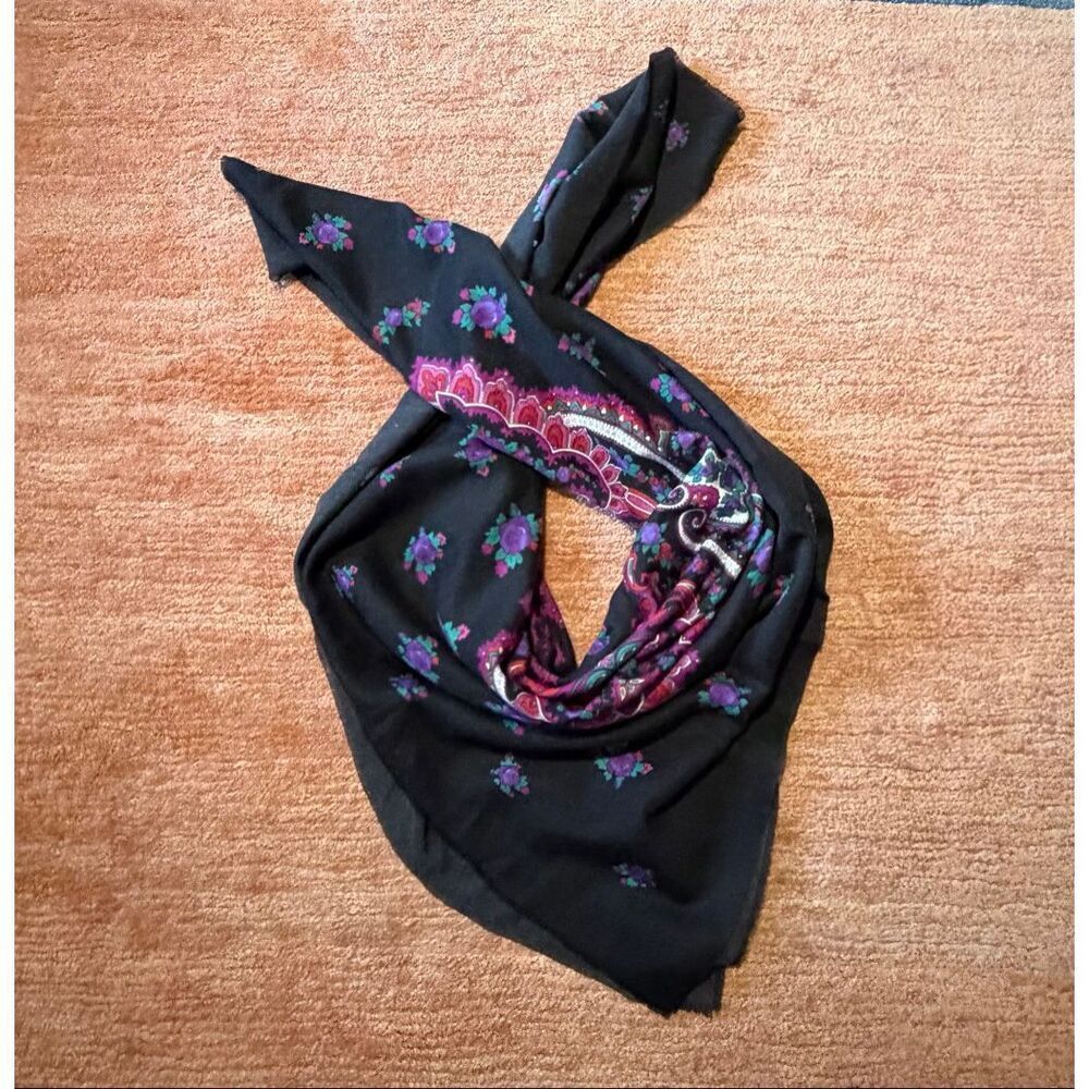VintageβValentina Black Floral Paisley Square Scarf 46x46 Large Boho Shawl Wrap